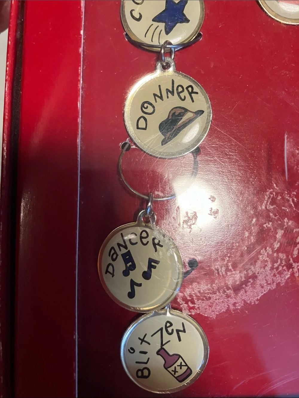 Vintage circa 2000s Pottery Barn Reindeer Wine Charms, original boxed set